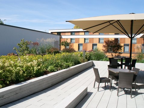 Blick auf die Dachterrasse des Hotels Franz in Essen